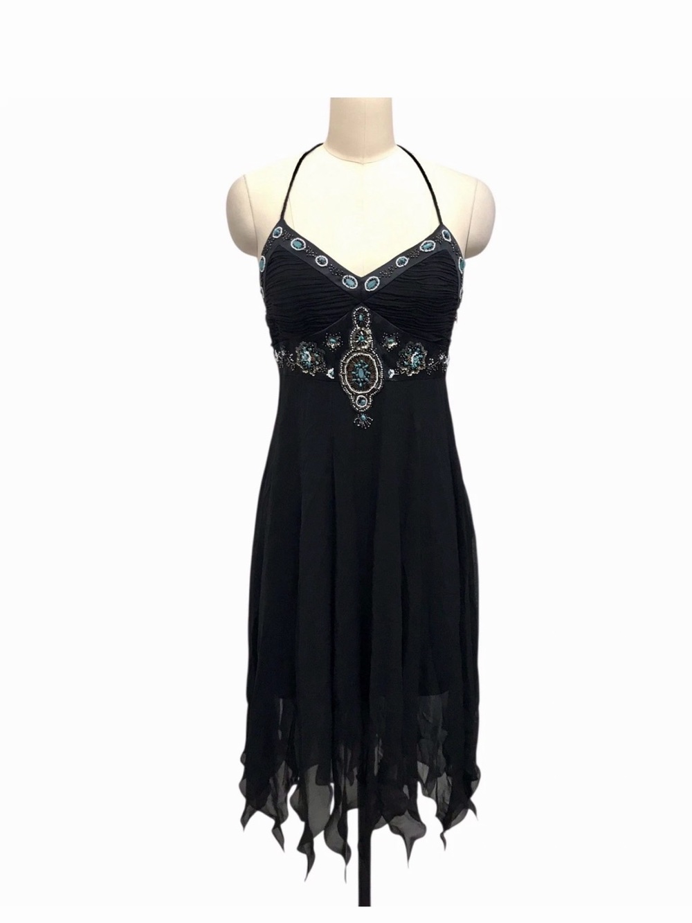 Sue Wong Black Halter Midi Dress with Teal and Silver Beading